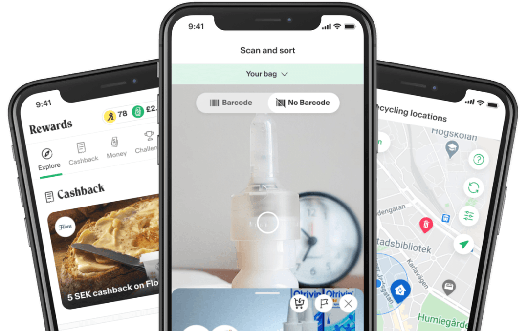 Mobile screens with in-app features.
