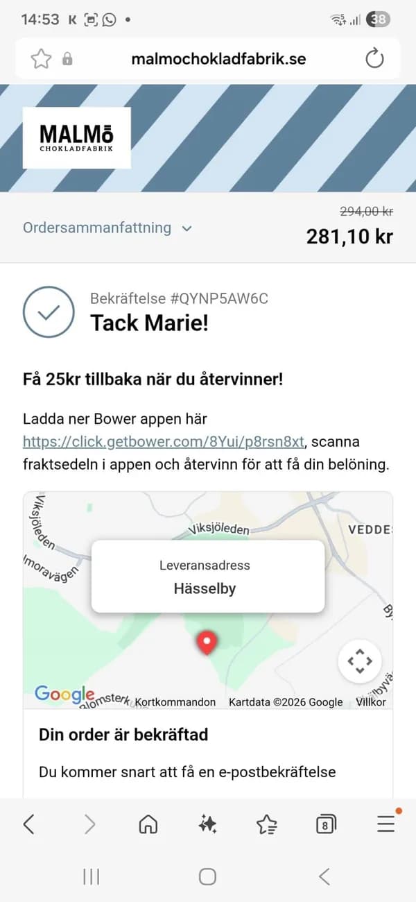 Malmö Chokladfabrik — Order confirmation, mobile