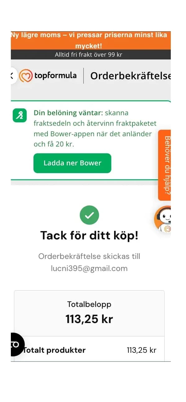 Topformula — Order confirmation, mobile