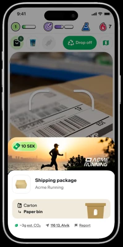 E-commerce shopper scanning a shipping waybill barcode in the Bower recycling rewards app