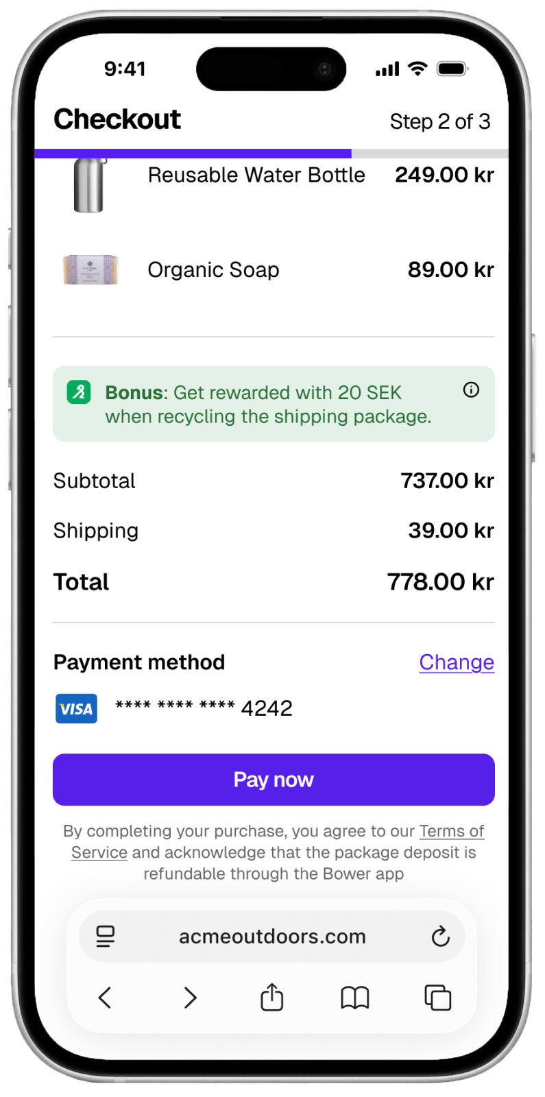 E-commerce checkout with Bower recycling reward
